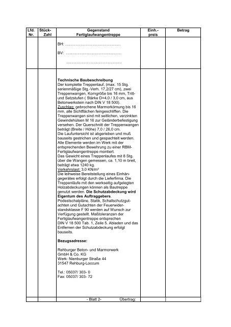 Lfd. Nr. Stück- Zahl Gegenstand ... - Rehburger Beton