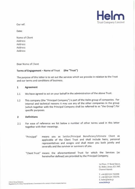 Trust Letter of Engagement - Helm Trust Company Limited
