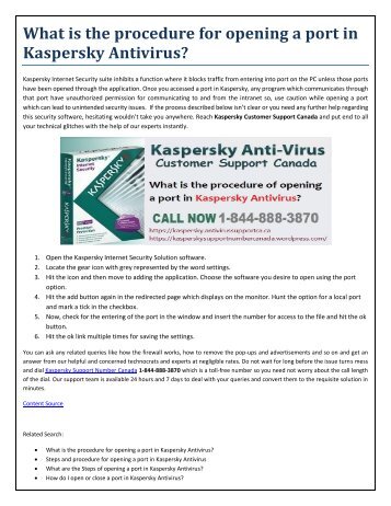 what is the Procedure of opening a port in kaspersky Antivirus?