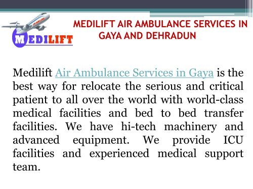 Book 24*7 Emergency Air Ambulance Services in Dehradun and Gaya