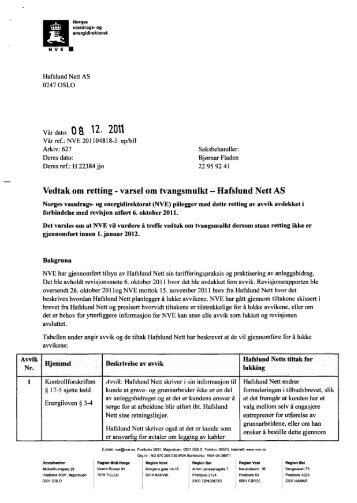 Vedtak om retting - varsel om tvangsmulkt â€”Hafslund Nett AS - NVE