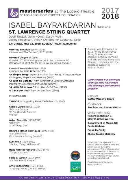 Saturday, May 12, 2018 / Isabel Bayrakdarian, Soprano and St. Lawrence String Quartet / CAMA's Masterseries at The Lobero Theatre, 8:00 PM