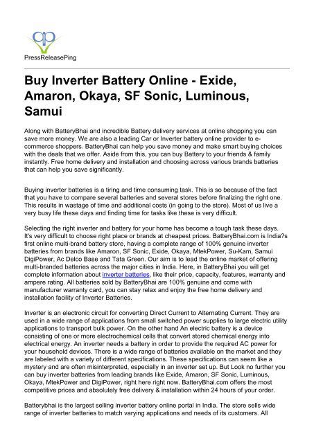 Buy Inverter Battery Online - Exide, Amaron, Okaya, SF Sonic, Luminous, Samui