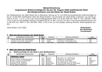 Zugelassene Wahlvorschläge für die am 30. August ... - Stadt Brakel