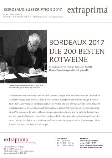 Extraprima Bordeaux 2017 Subskription Bestenliste nach Appellationen