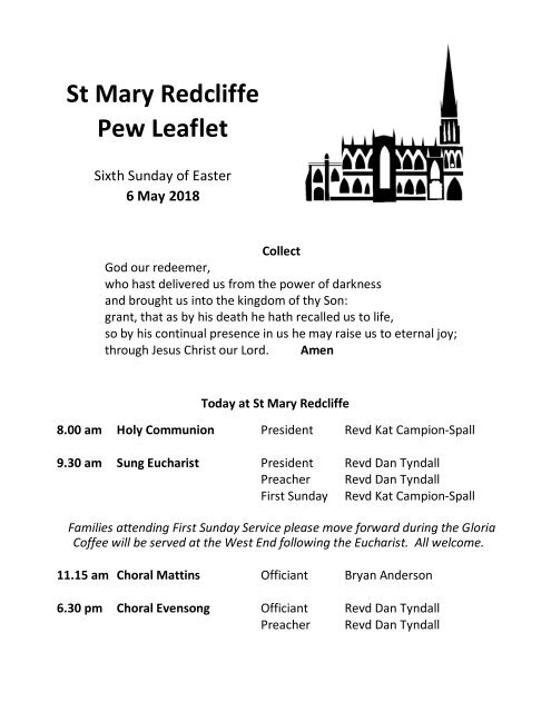 St Mary Redcliffe Church Pew Leaflet - May 6 2018