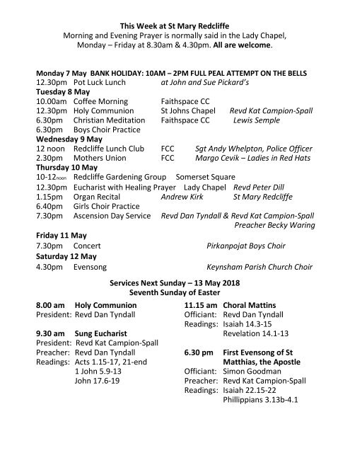 St Mary Redcliffe Church Pew Leaflet - May 6 2018