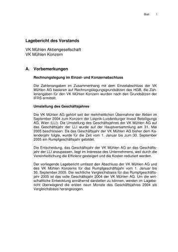 Lagebericht des Vorstands VK Mühlen ... - VK Mühlen AG