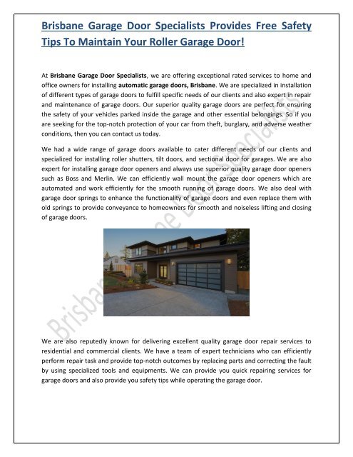 Brisbane Garage Door Specialists Provides Free Safety Tips