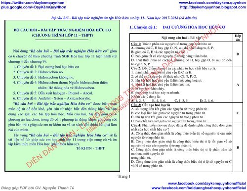 BỘ CÂU HỎI - BÀI TẬP TRẮC NGHIỆM ÔN TẬP HÓA HỮU CƠ LỚP 11 - NĂM HỌC 2017-2018 (CÓ ĐÁP ÁN) - TỔ KHTN - THPT (BIÊN SOẠN)