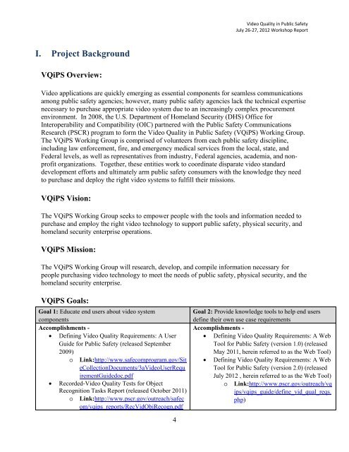 Video Quality in Public Safety (VQiPS) Workshop Report - SafeCom