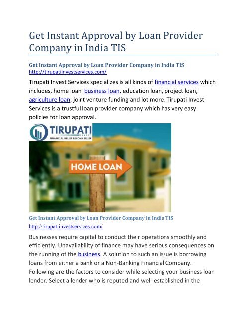 Get Instant Approval by Loan Provider Company in India TIS