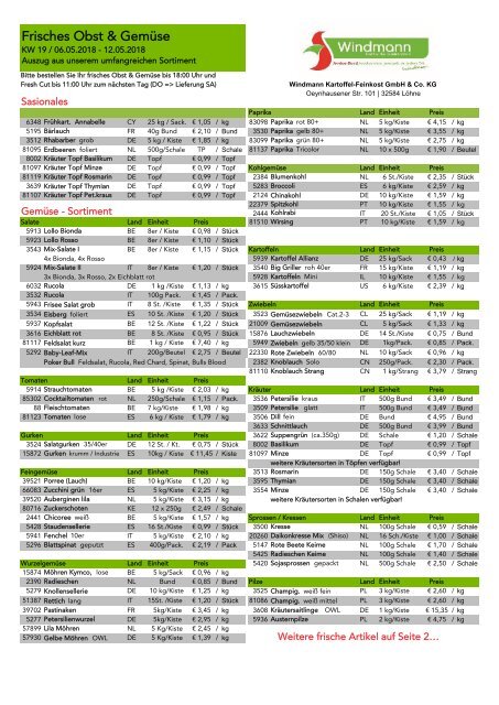 Wochenpreisliste Obst & Gemüse KW19