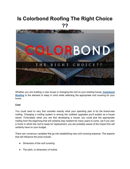 Why Colorbond Roofing is the Right Choice?