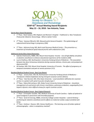 SOAP 42nd Annual Meeting Award Recipients May 12 – 16, 2010 ...