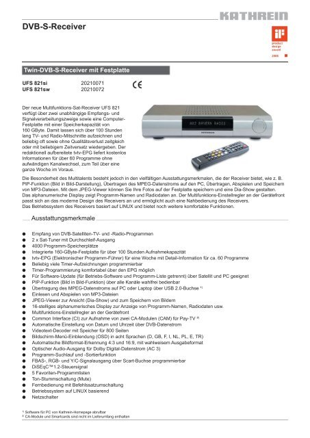 Twin-DVB-S-Receiver mit Festplatte, UFS 821 - Olbort Sat-Technik