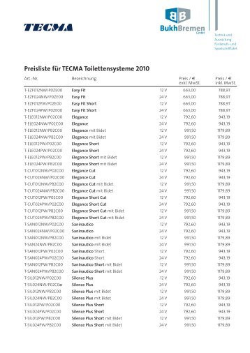Preisliste für TECMA Toilettensysteme 2010 - BUKH Bremen