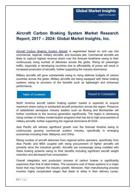 Aircraft Carbon Braking System Market By Product, Application, Region – Forecast to 2024t