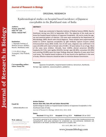 Epidemiological studies on hospital based incidence of Japanese encephalitis in the Jharkhand state of India
