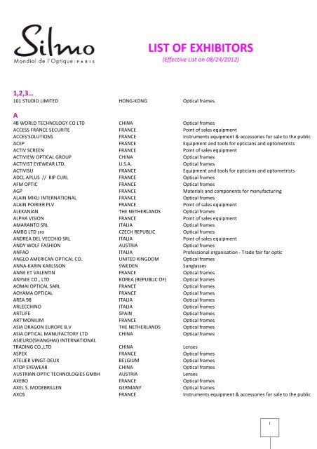 List of exhibitors - Silmo