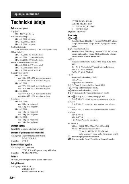 Sony KDL-32U2000 - KDL-32U2000 Mode d'emploi Tch&egrave;que