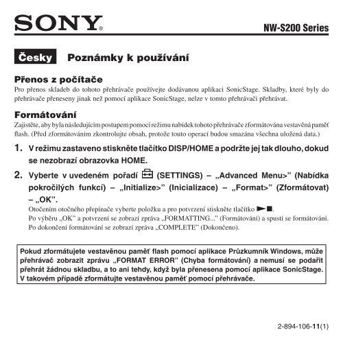 Sony NW-S203F - NW-S203F Mode d'emploi Tch&egrave;que