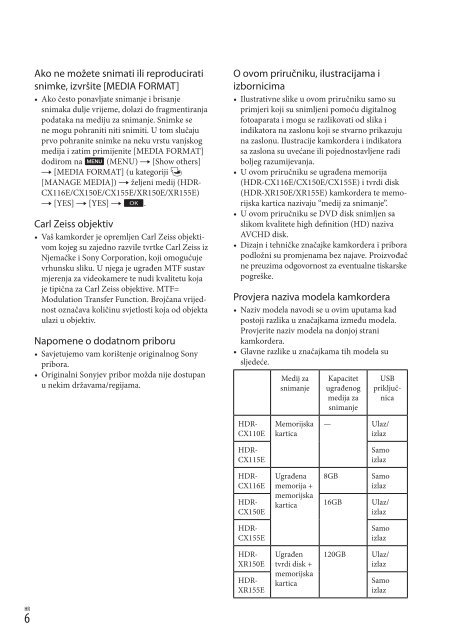 Sony HDR-CX155E - HDR-CX155E Mode d'emploi Croate