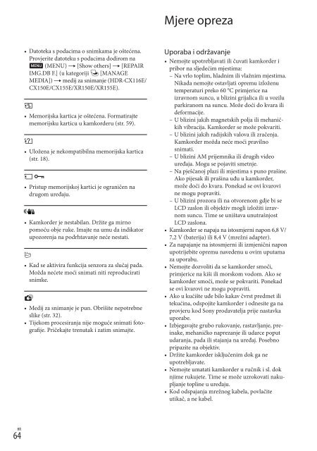 Sony HDR-CX155E - HDR-CX155E Mode d'emploi Croate