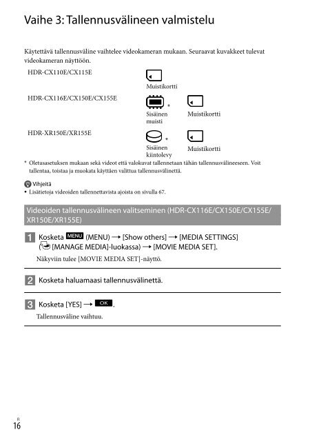 Sony HDR-CX155E - HDR-CX155E Consignes d&rsquo;utilisation Finlandais