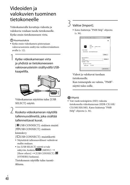 Sony HDR-CX155E - HDR-CX155E Consignes d&rsquo;utilisation Finlandais