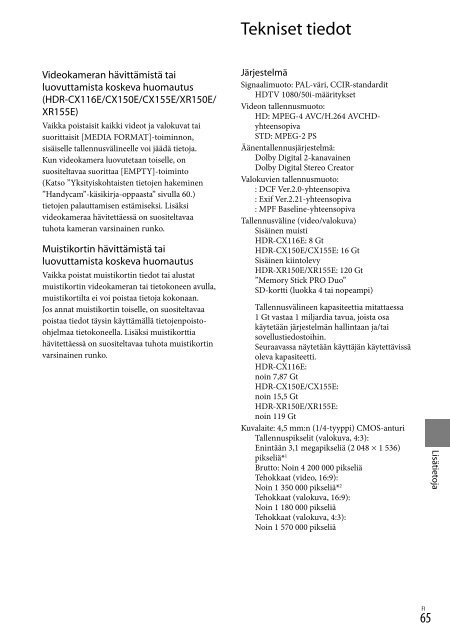 Sony HDR-CX155E - HDR-CX155E Consignes d&rsquo;utilisation Finlandais