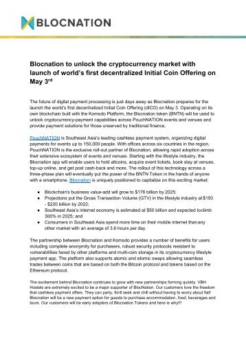 Blocnation to unlock the cryptocurrency market with launch of world's first decentralized Initial Coin Offering on May 3rd