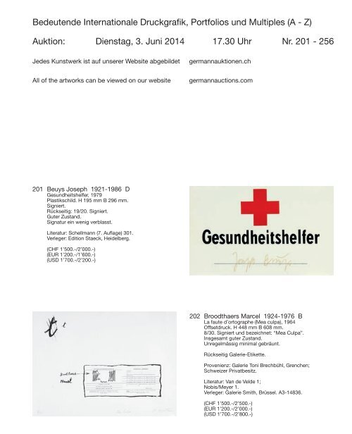 Kunst Auktion 2. - 4. Juni 2014, Germann Auktionshaus, Zürich