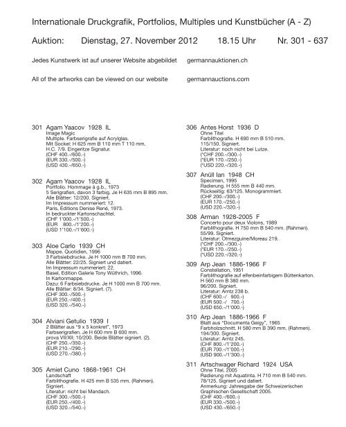 Kunst Auktion 26. - 28. November 2012, Germann Auktionshaus, Zürich