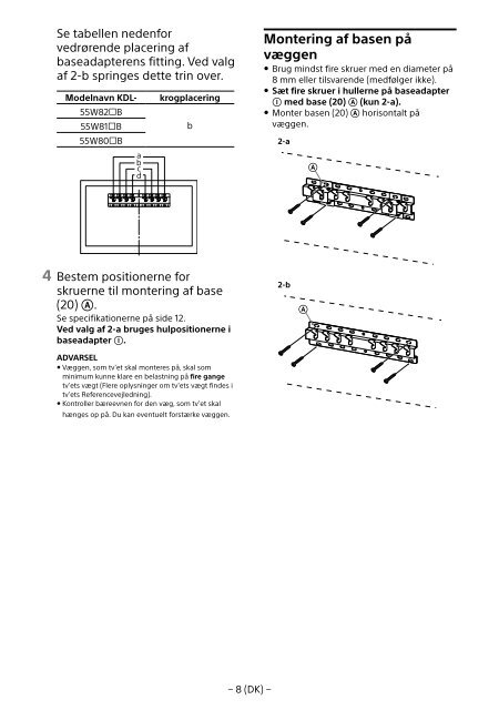 Sony KDL-55W829B - KDL-55W829B Informations d'installation du support de fixation murale Allemand