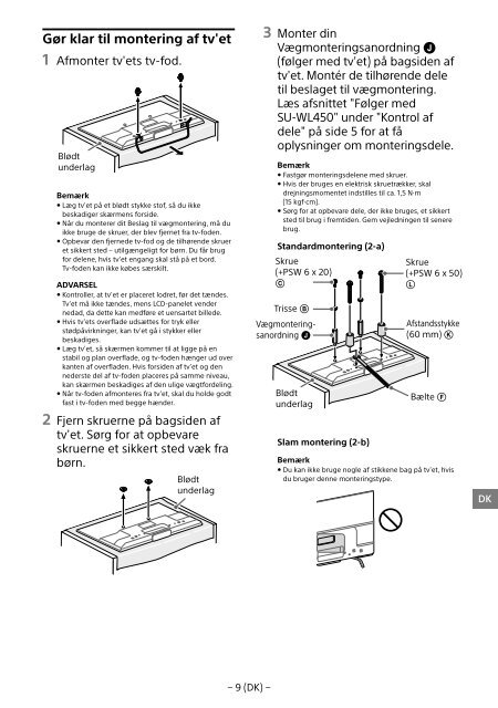 Sony KDL-55W829B - KDL-55W829B Informations d'installation du support de fixation murale Allemand