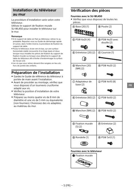 Sony KDL-55W829B - KDL-55W829B Informations d'installation du support de fixation murale Allemand