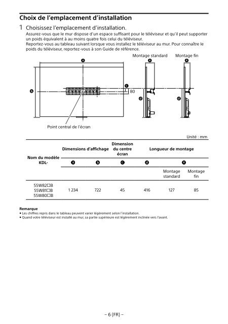 Sony KDL-55W829B - KDL-55W829B Informations d'installation du support de fixation murale Allemand