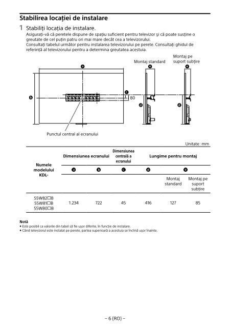 Sony KDL-55W829B - KDL-55W829B Informations d'installation du support de fixation murale Allemand