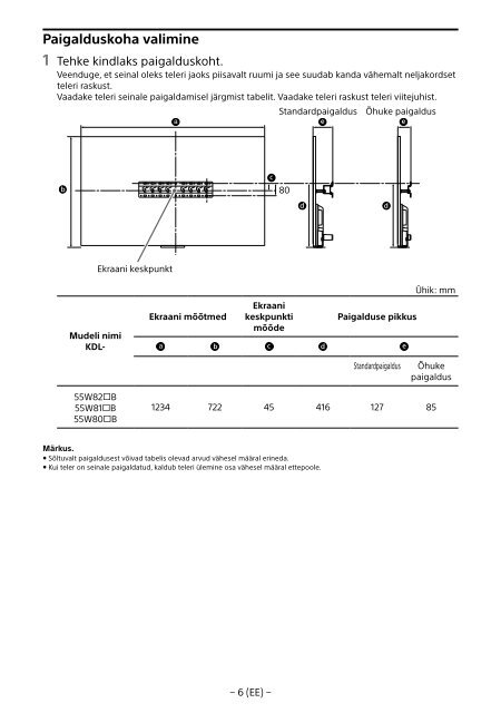 Sony KDL-55W829B - KDL-55W829B Informations d'installation du support de fixation murale Allemand