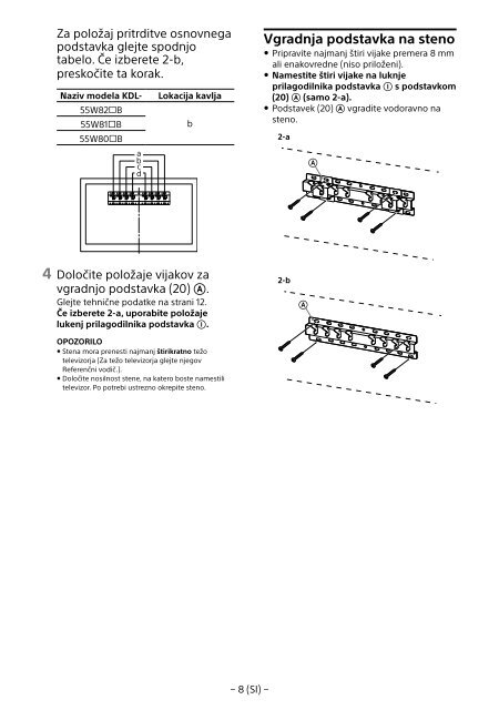 Sony KDL-55W829B - KDL-55W829B Informations d'installation du support de fixation murale Allemand