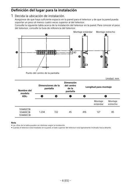 Sony KDL-55W829B - KDL-55W829B Informations d'installation du support de fixation murale Allemand