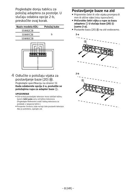 Sony KDL-55W829B - KDL-55W829B Informations d'installation du support de fixation murale Allemand