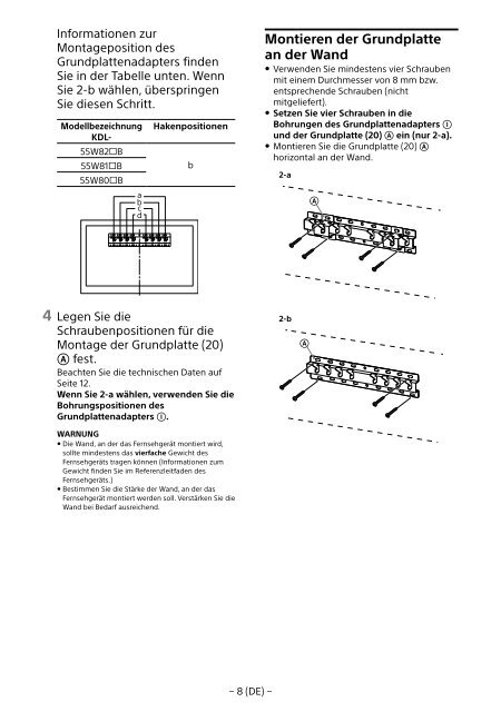 Sony KDL-55W829B - KDL-55W829B Informations d'installation du support de fixation murale Allemand