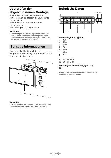 Sony KDL-55W829B - KDL-55W829B Informations d'installation du support de fixation murale Allemand