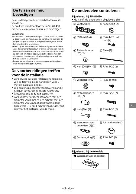 Sony KDL-55W829B - KDL-55W829B Informations d'installation du support de fixation murale Allemand