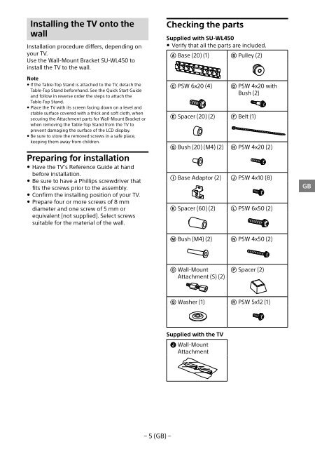 Sony KDL-55W829B - KDL-55W829B Informations d'installation du support de fixation murale Allemand