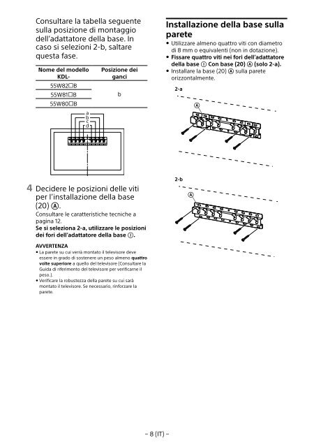 Sony KDL-55W829B - KDL-55W829B Informations d'installation du support de fixation murale Allemand