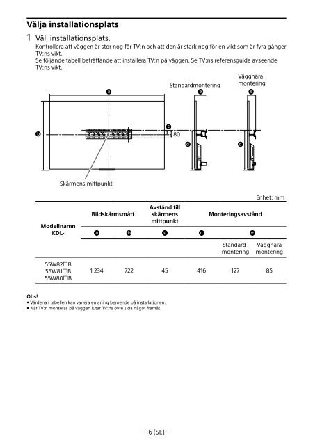 Sony KDL-55W829B - KDL-55W829B Informations d'installation du support de fixation murale Allemand