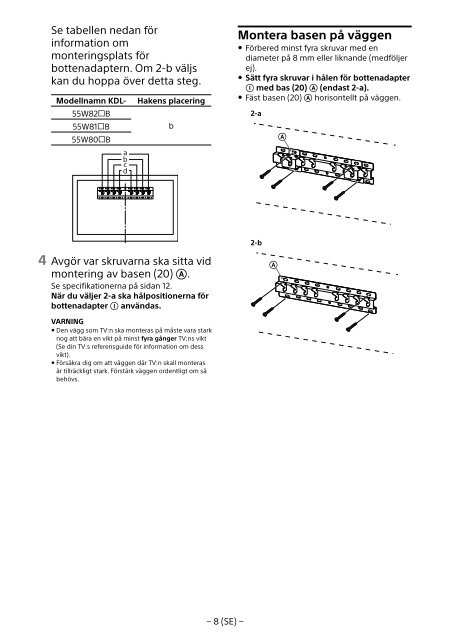 Sony KDL-55W829B - KDL-55W829B Informations d'installation du support de fixation murale Allemand